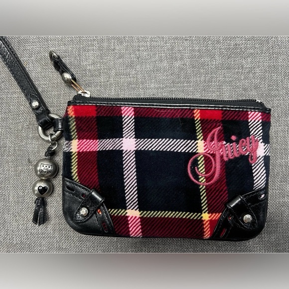 Juicy Couture Retro Plaid Velour Wristlet in Black and Red - Picture 3 of 7